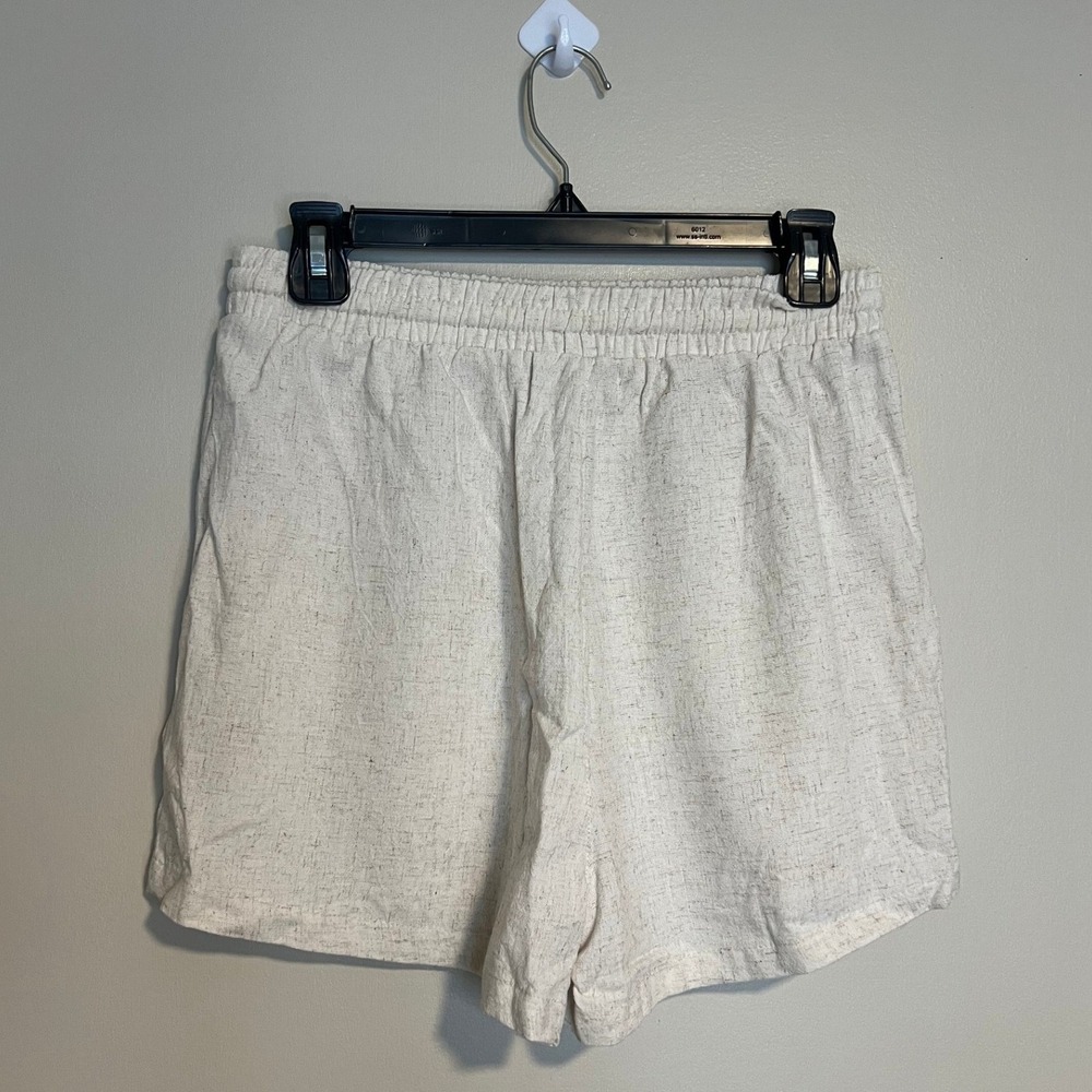 Iris Oatmeal Linen Blend Drawstring Elastic Waist Shorts ISET405 Tan Cream M - Picture 2 of 7